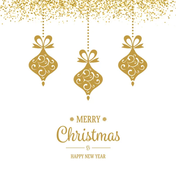 Zlatý závěsný vánoční ozdoba s třpytkami jiskřičky a pozdravy — Stockový vektor