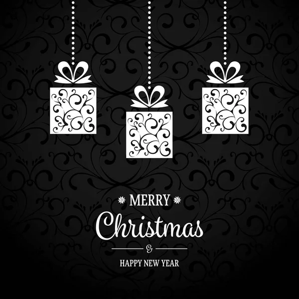 Elegante Chrsitmas Card met hangen kerstballen en groeten — Stockvector