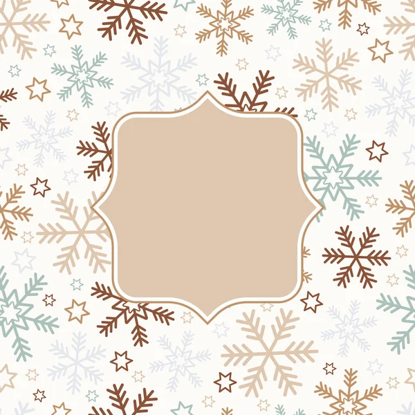 Copos de nieve patrón sin costuras con marco de Navidad saludo fondo — Vector de stock