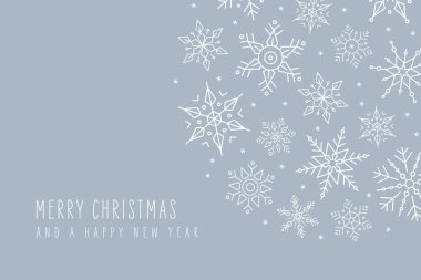 Noel kar taneleri elementleri buz mavisi arkaplanda tebrik kartı süslüyor