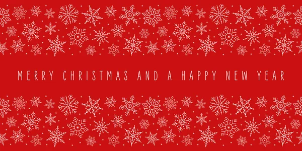Vánoční sněhové vločky prvky ozdoby okraje dekorace karty s pozdravem text bezešvé vzor červené pozadí. — Stockový vektor