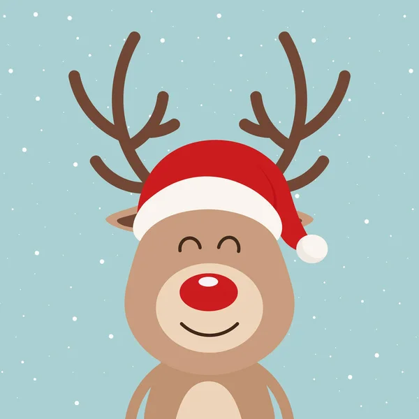 Олень красный нос милый мультяшный Санта был снежный фон. Рождественская открытка Стоковая Иллюстрация