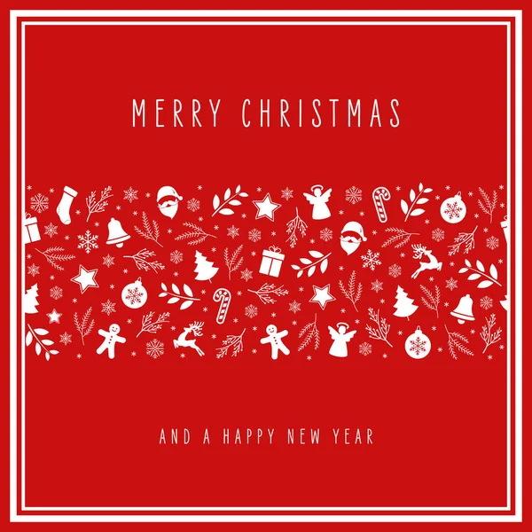 Χριστουγεννιάτικα εικονίδια διακόσμηση πλαίσιο ευχετήρια κάρτα σε κόκκινο φόντο — Διανυσματικό Αρχείο