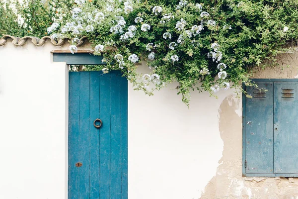 Casa parede de fachada branca com flores. Criativa brilhante conceito mínimo, estilo para blogueiros . — Fotografia de Stock