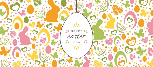 Easter Banner Hand Drawn Hanging Egg Greetings Bunnies Butterflies Flowers — Stock Vector