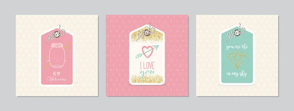 Set Carte Quadrate San Valentino Con Cartellini Disegnati Mano Con — Vettoriale Stock