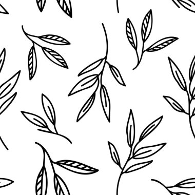 Beyaz arka planda yaprak dalı olan kusursuz desenli tasarım. Vektör illüstrasyonlarını karalar ve çizer.