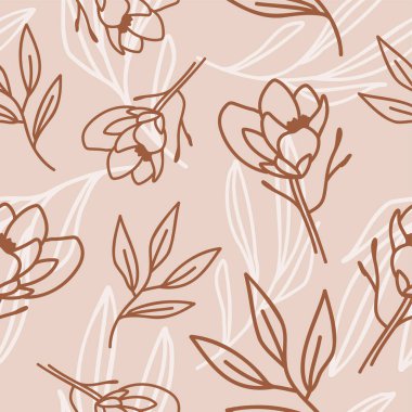 Manolya çiçekleri ve yaprak dallarıyla kusursuz desenli tasarım. Vektör illüstrasyon arkaplanını karalar ve çizer.