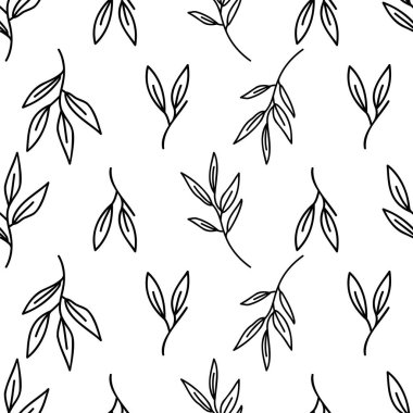 Beyaz arka planda yaprak dalı olan kusursuz desenli tasarım. Vektör illüstrasyonlarını karalar ve çizer.