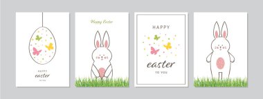 Paskalya kartları el çizimi tatlı tavşanlar, yumurta ve kelebekler. Çizimler ve çizimler vektör vintage çizimleri, Din A6