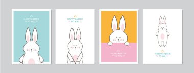Paskalya kartları el çizimi tatlı tavşanlar ve selamlar. Çizimler ve çizimler vektör vintage çizimleri, Din A6