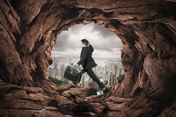 Businessman Running Away Tunnel Far City — Stock Photo, Image