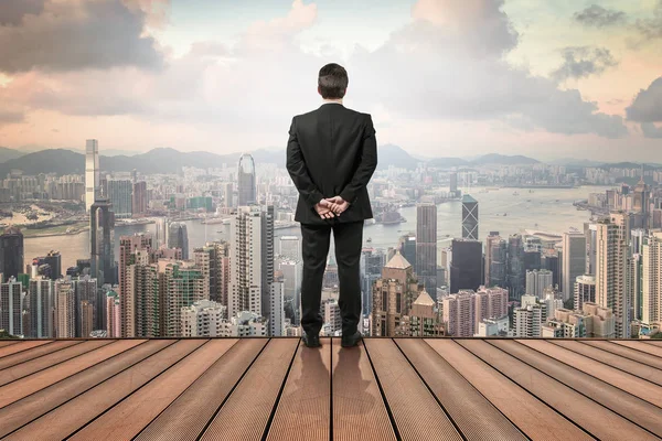 Businessman Looking City Tall Point View — Stock Photo, Image