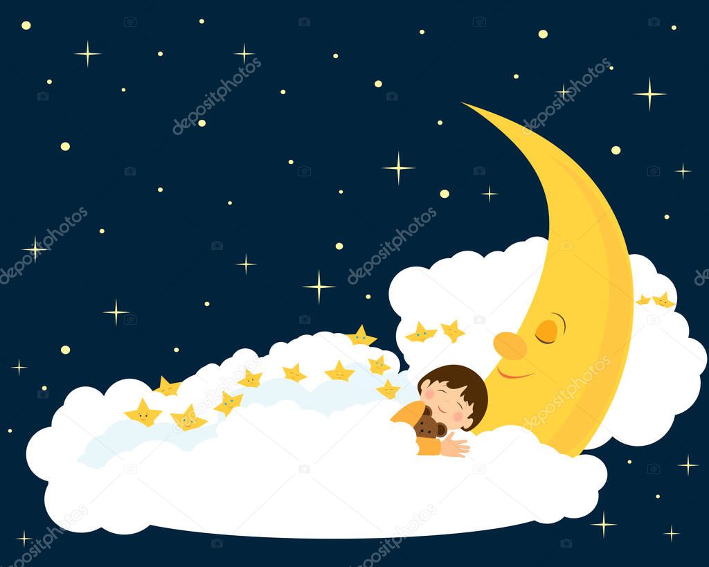 Boy sleeping on the moon.