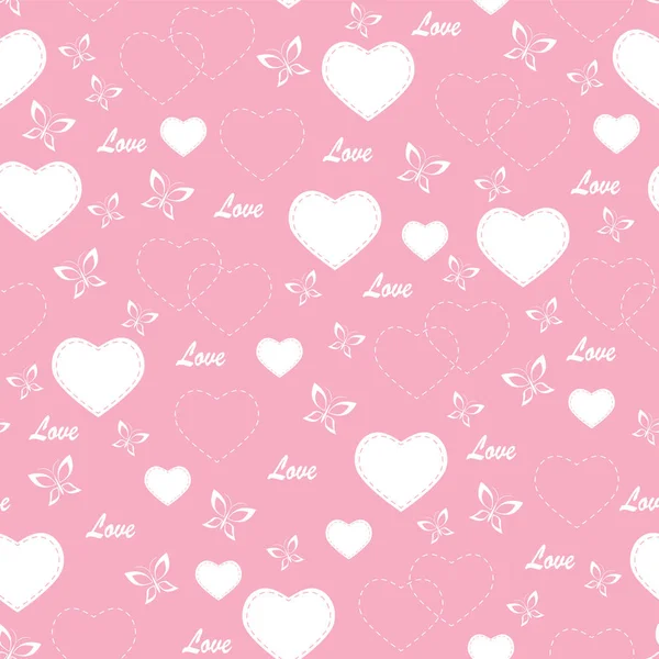 Pink seamless pattern with hearts and butterflies. — 스톡 사진