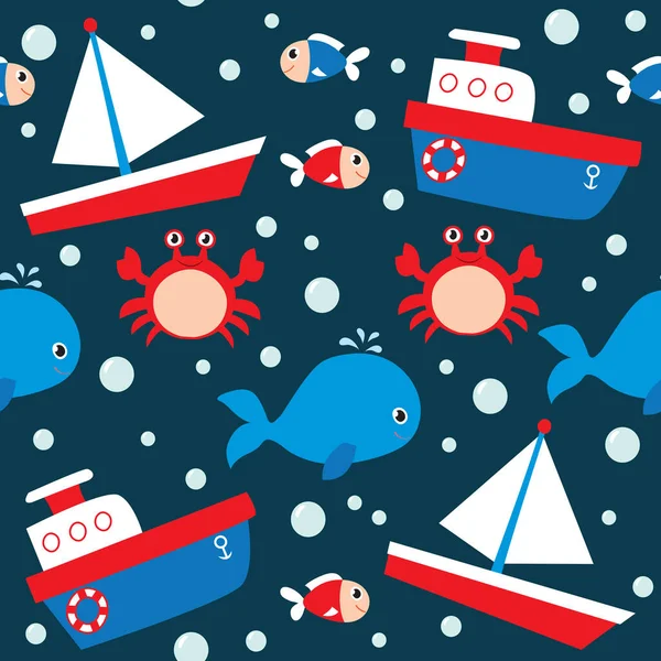 Seamless pattern with sea animals and boats.