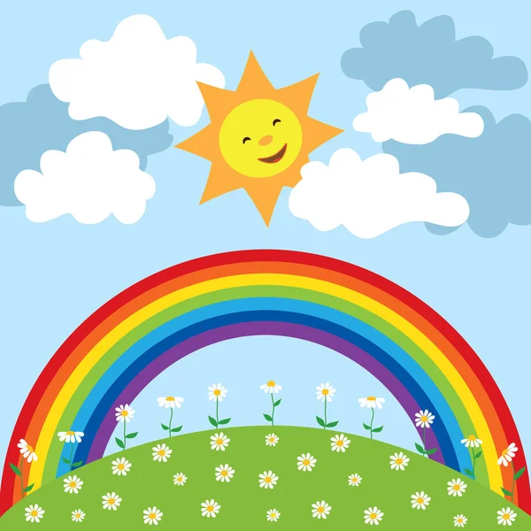 Happy sun with rainbow and clouds.