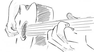 Bir kişi akustik gitar çalar. Eller yakın çekim. Klasik gençlik.