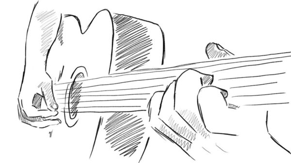 Человек играет на акустической гитаре. Руки крупным планом. Рисунок карандаша
