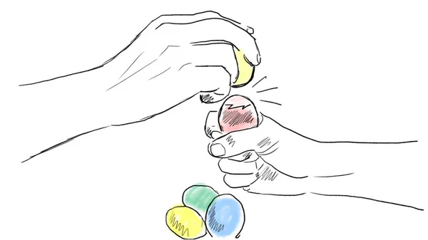 Doğuda yumurtalarla savaş. Renkli kalemlerle çizim.