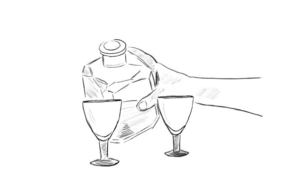 Kézzel rajzolt animáció a konyak dekanterből két pohárba öntésének folyamatáról