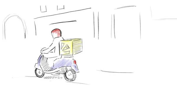 送披萨的家伙骑着摩托车在城里转悠 用彩色铅笔画画 — 图库照片