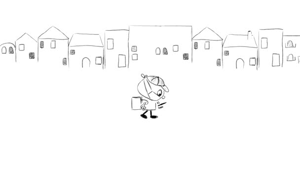 Koruyucu Maskeli Bir Karikatür Dağıtım Elemanı Sokakta Yürüyor Omuzlarında Bir — Stok video