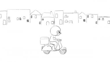Çizgi film teslimatçısı sokakta scooter sürüyor ve siparişi çantasında taşıyor. Döngülü el çizimi canlandırması