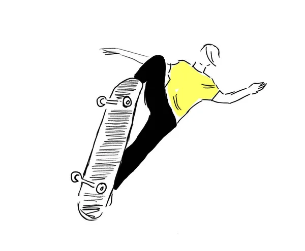 Handgetekende Klassieke Animatie Van Springen Een Skateboard Zwart Wit Uitvoering — Stockfoto