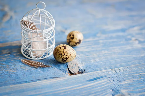 Quail eggs on a blue wooden background — Stock Photo, Image