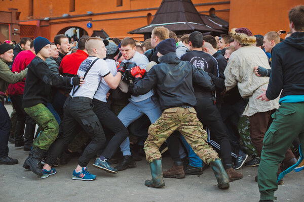 Russia. Moscow. Red Square. February 26, 2017. a mass fight of hooligans and fans