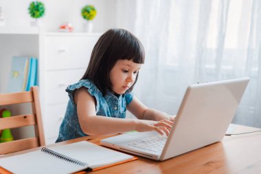 Uzaktan öğrenme çevrimiçi eğitim. Evde bir kız bebek ve ev ödevi yapıyor. Evden öğrenme.