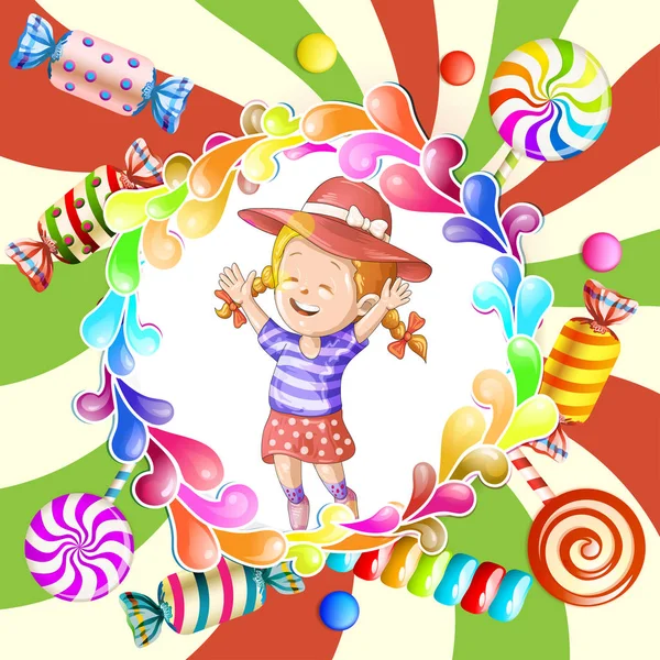 Illustration of happy kid with candies — Stock Vector