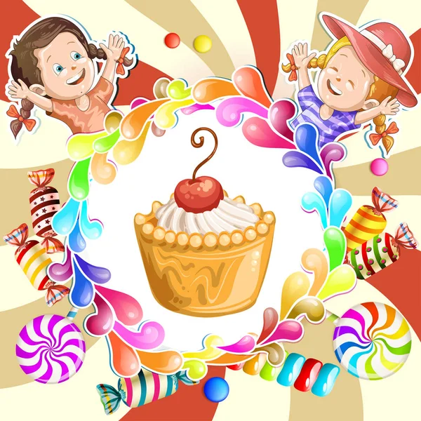 Illustration of kids  with cake and candies — Stock Vector