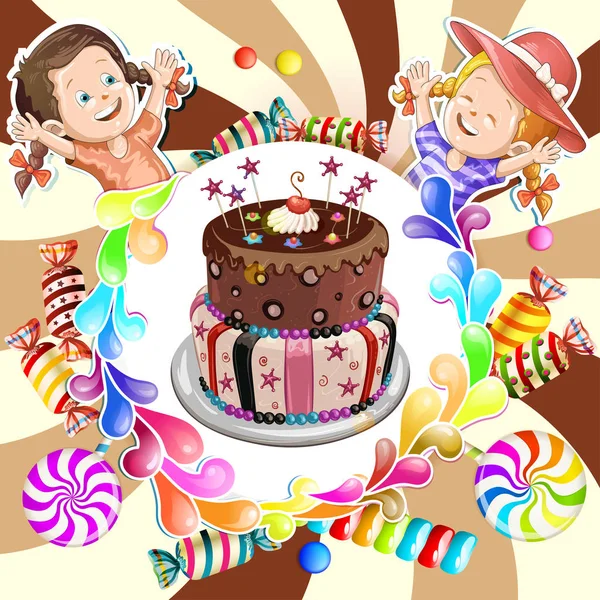 チョコレートの誕生日ケーキやお菓子と子供たちのイラスト — ストックベクタ