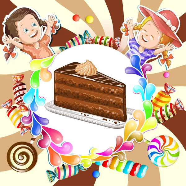 Illustration of kids  with chocolate cake and candies — Stock Vector