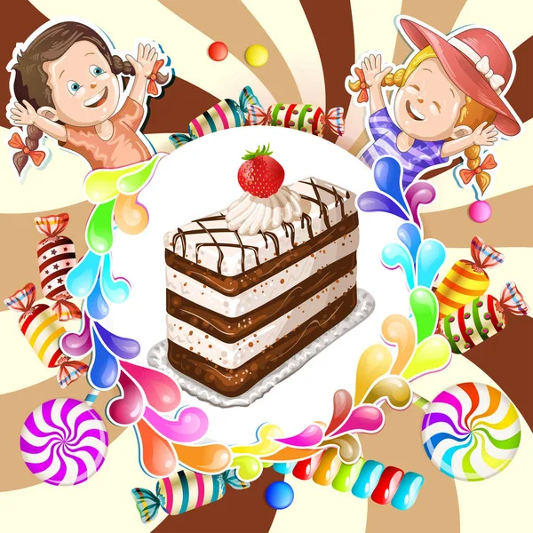 Иллюстрация детей с шоколадным тортом и конфетками Векторная Графика