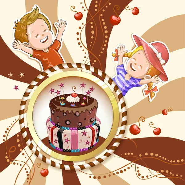 Lllustration dzieci z czekoladowy tort i cukierki — Wektor stockowy