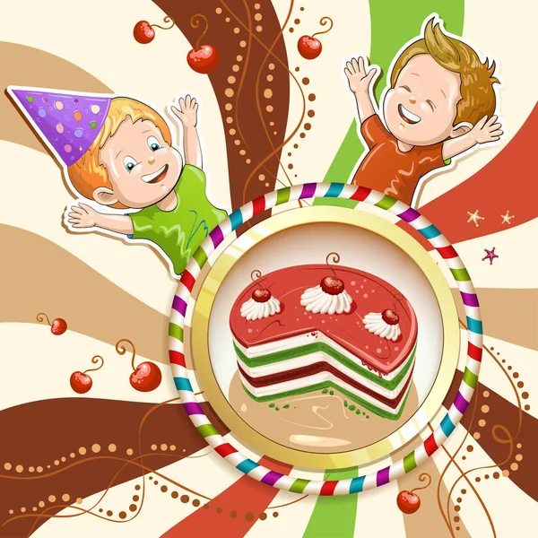 Illustrazione di bambini con torta e caramelle — Vettoriale Stock