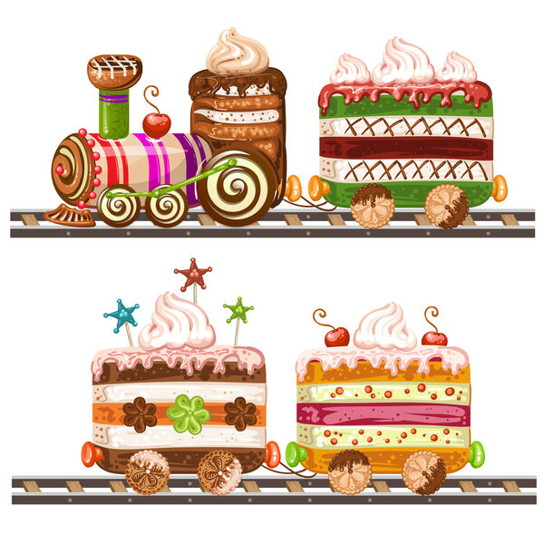 Train cake with cherry, chocolate and biscuits