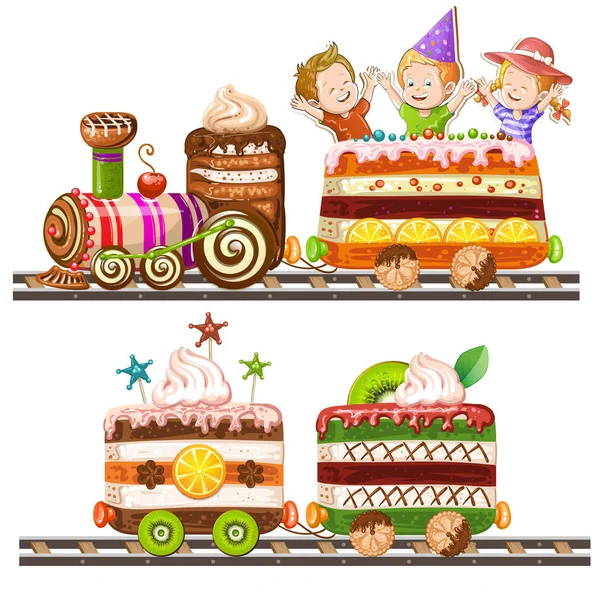 Enfants voyageant en train gâteau — Image vectorielle