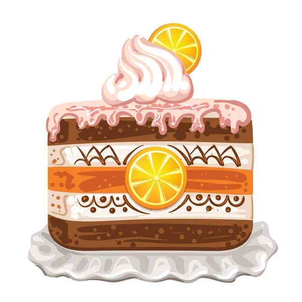 Gâteau savoureux avec chocolat et orange sur fond blanc — Image vectorielle