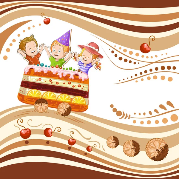 Enfants voyageant en chariot train gâteau — Image vectorielle