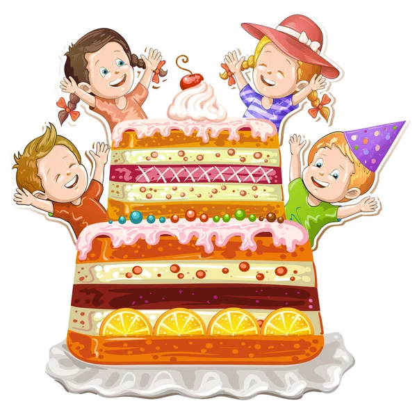 Bolo feliz aniversário com crianças no fundo branco — Vetor de Stock