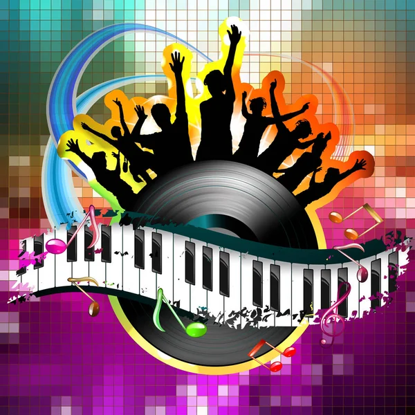 Piano Toetsen Met Dansen Silhouetten Vinyl Record — Stockvector