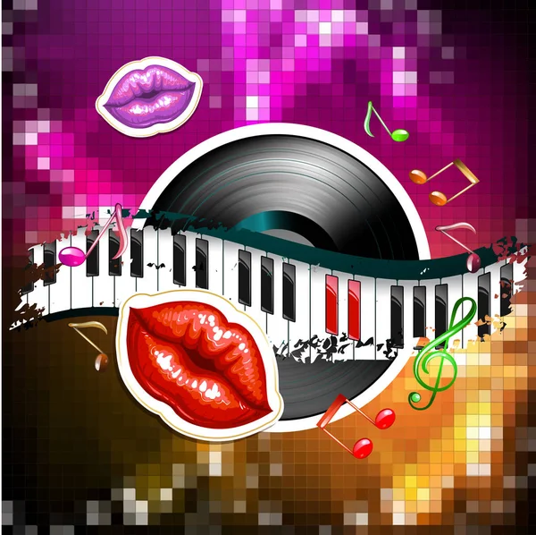 Piano Keys Glossy Female Lips Vinyl Record — Stock Vector