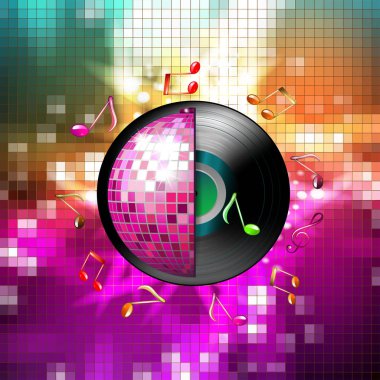 Disko topu ve vinil kaydı ile müzik notaları