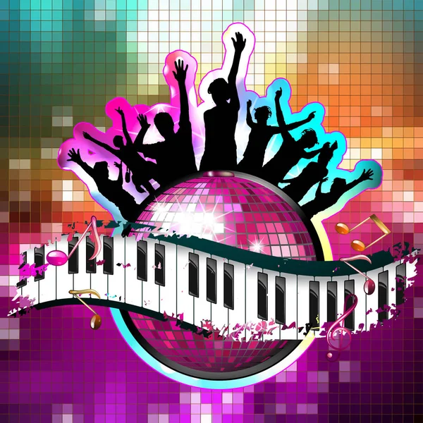 Teclas Piano Con Siluetas Baile Bola Disco — Vector de stock