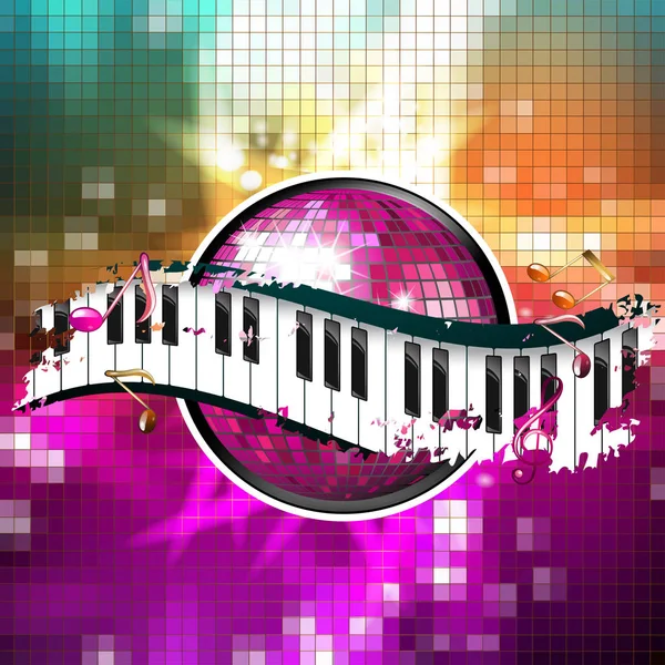 Disco Ball Con Teclado Piano Notas Musicales — Vector de stock