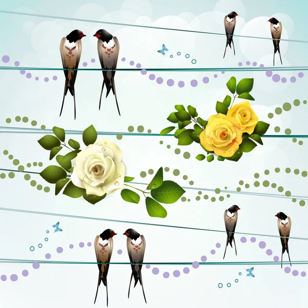 Background Swallows Wire Roses Stock Vector